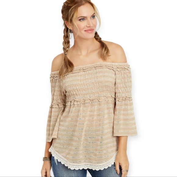 NWT Maurice's Tan White Stiped Smocked Off the Shoulder Top Lace Women 1 Boho - Picture 1 of 10